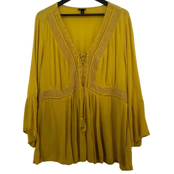 Torrid Blouse 2X Mustard Yellow Crochet Corset Style Neckline Bohemian Fall Top - Picture 1 of 7